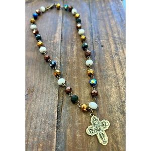 Eloise Multi Short chain crystal beaded necklace intricate metal cross Choker